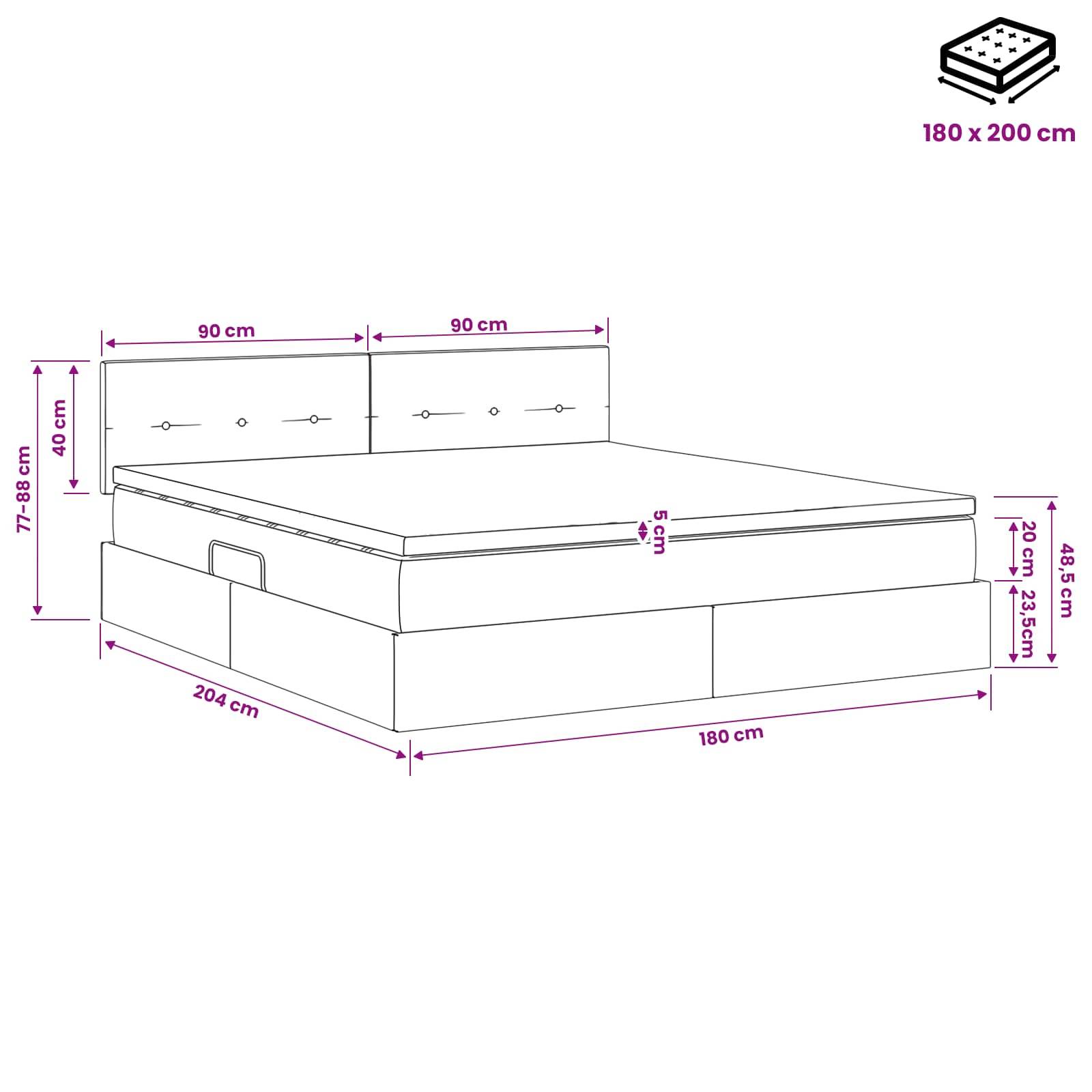 Kommentiertes Diagramm eines gepolsterten Bettes mit Abmessungen: 180 x 200 cm Matratze, 204 cm Länge, 180 cm Breite, 46,5 cm Höhe und 77-88 cm Kopfteilhöhe.