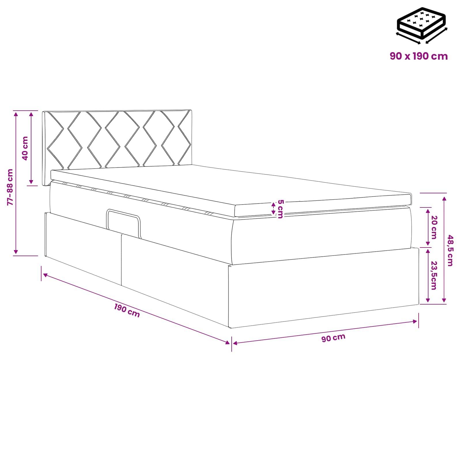 Maßstabgetreue Illustration eines Einzelbettes mit Schubladen und gemustertem Kopfteil, das die Matratzenabmessungen von 90 x 190 cm und die Gesamtabmessungen zeigt.