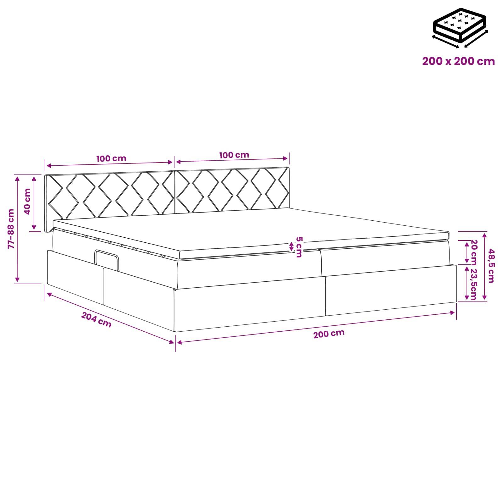 Diagramm eines Stauraumbettes mit Abmessungen: 200 x 200 cm Matratze, 204 cm lange Basis, 100 cm Kopfteile, 77-88 cm Gesamthöhe, 20 cm Schubladen.