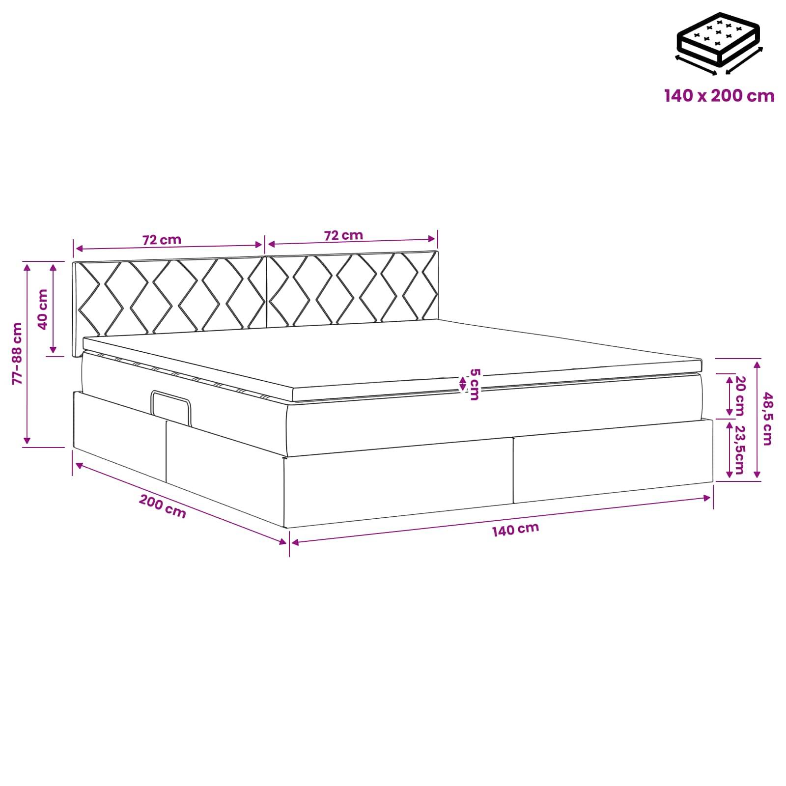 Diagramm eines Bettes mit Stauraumbasis und gepolstertem Kopfteil, mit Beschriftung 140 x 200 cm, zeigt Abmessungen und Höhen für den Rahmen, das Kopfteil und die Matratze.