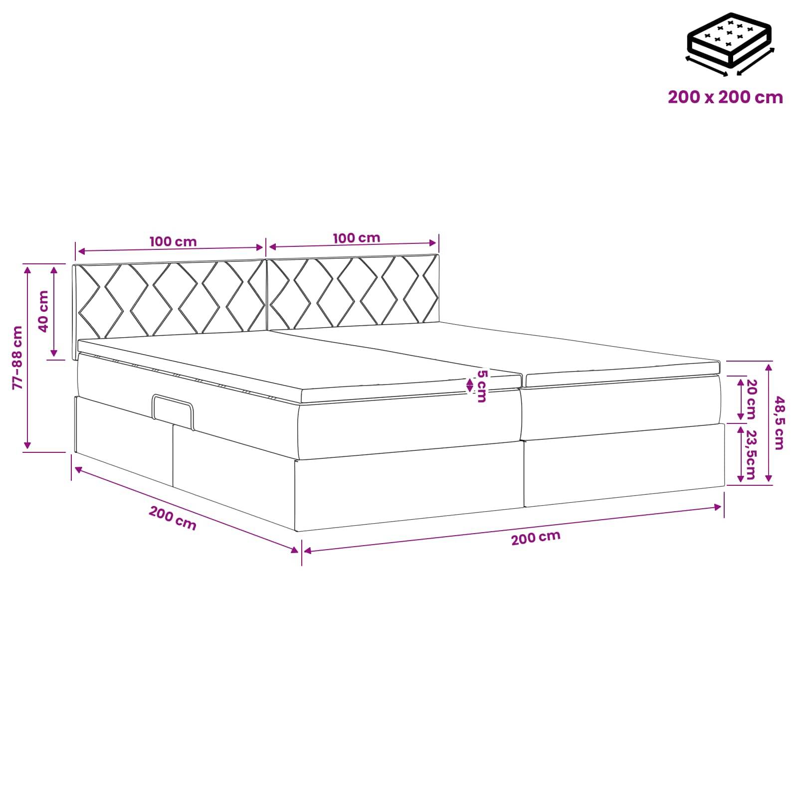 Diagramm eines 200 x 200 cm großen gepolsterten Bettes mit gestepptem Kopfteil; zeigt Abmessungen für Rahmen, Kopfteilhöhe, Matratzengröße und Lagerfläche.