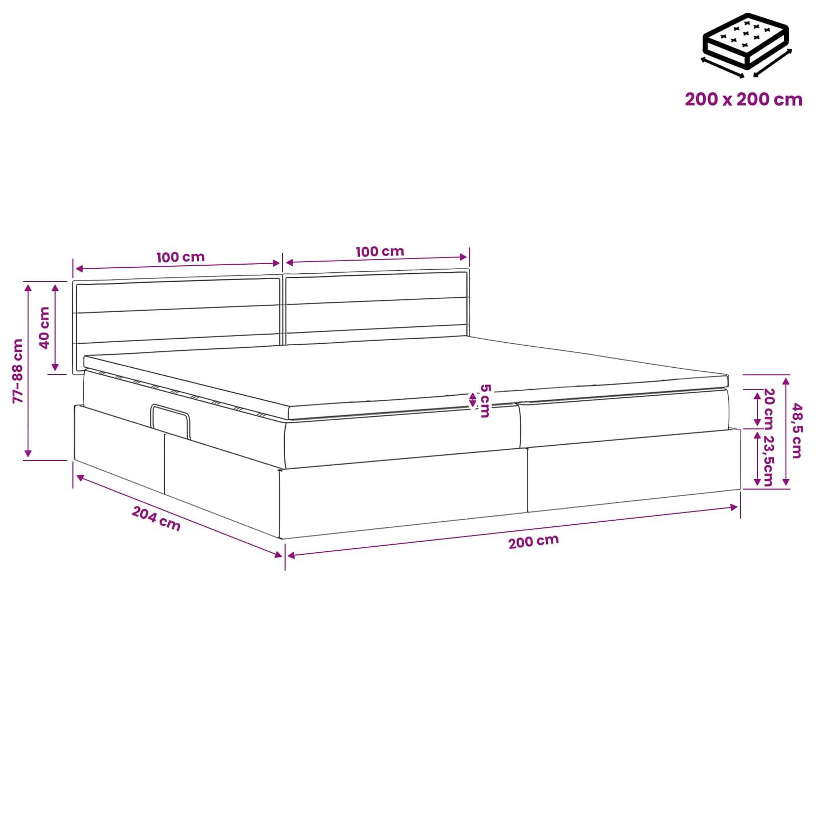 Diagramm eines Bettes mit Schubladen und Kopfteil, das die Matratzengröße von 200 x 200 cm sowie die Gesamtabmessungen einschließlich 204 cm Länge und Höhenmessungen anzeigt.