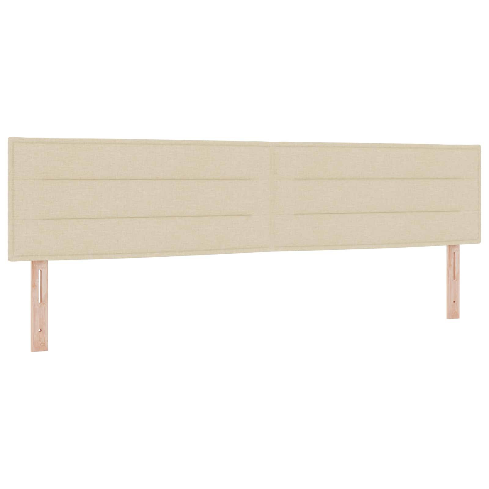 Beige gepolstertes rechteckiges Kopfteil mit zwei Beinen aus hellem Holz, dargestellt auf weißem Hintergrund.