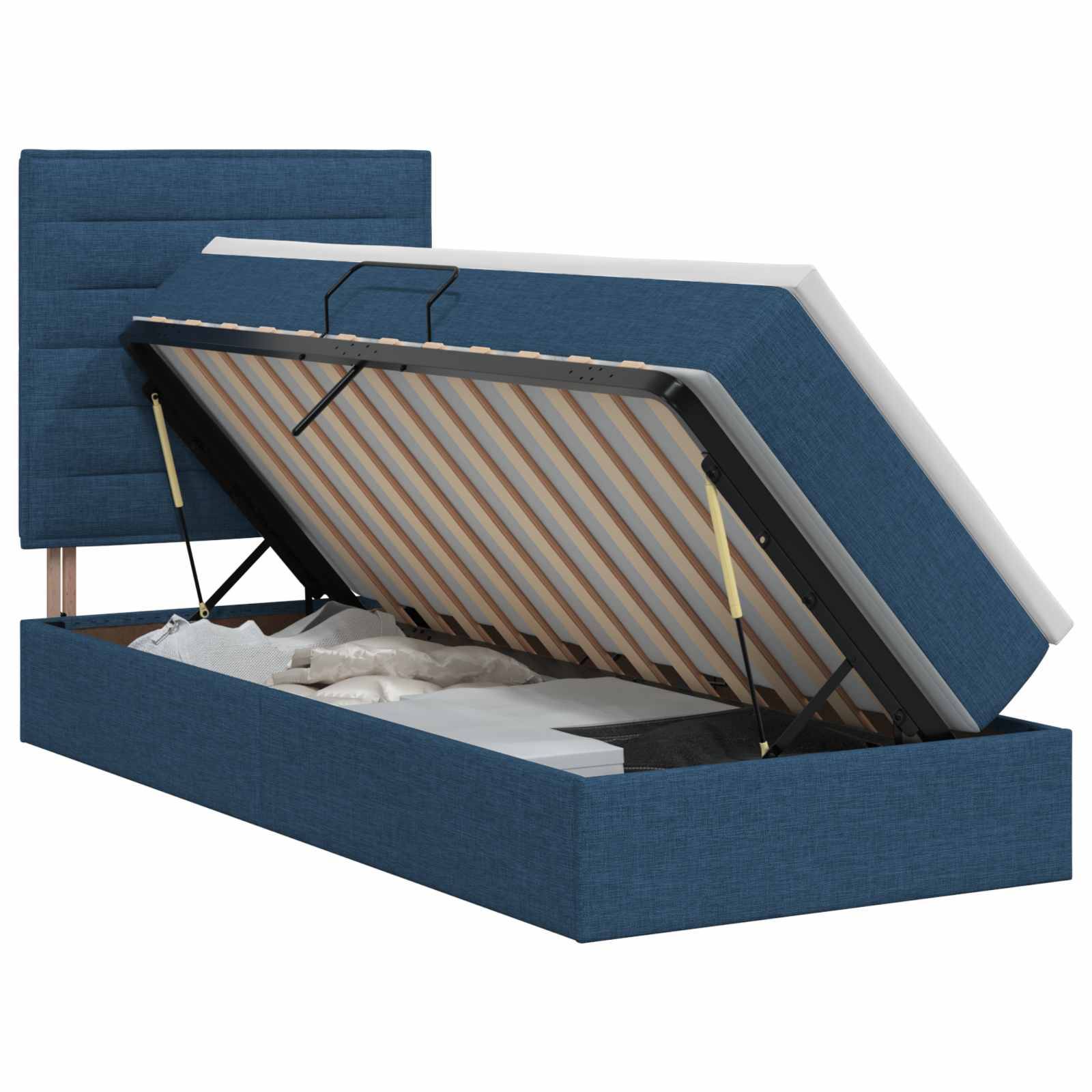 Blau gepolstertes Speicherbett mit angehobener Matratzenunterlage, das den internen Speicherplatz und die Stützleisten zeigt.