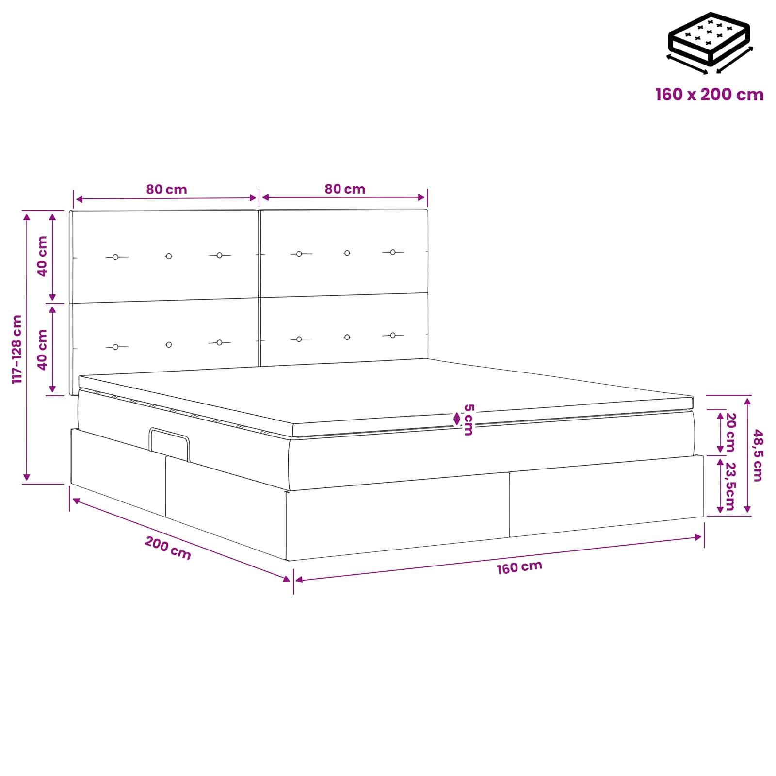 Diagramm eines Bettes mit gepolstertem Kopfteil, mit den Abmessungen: Matratzenformat 160 x 200 cm, Bettlänge 200 cm, Breite 160 cm und Höhenmessungen.