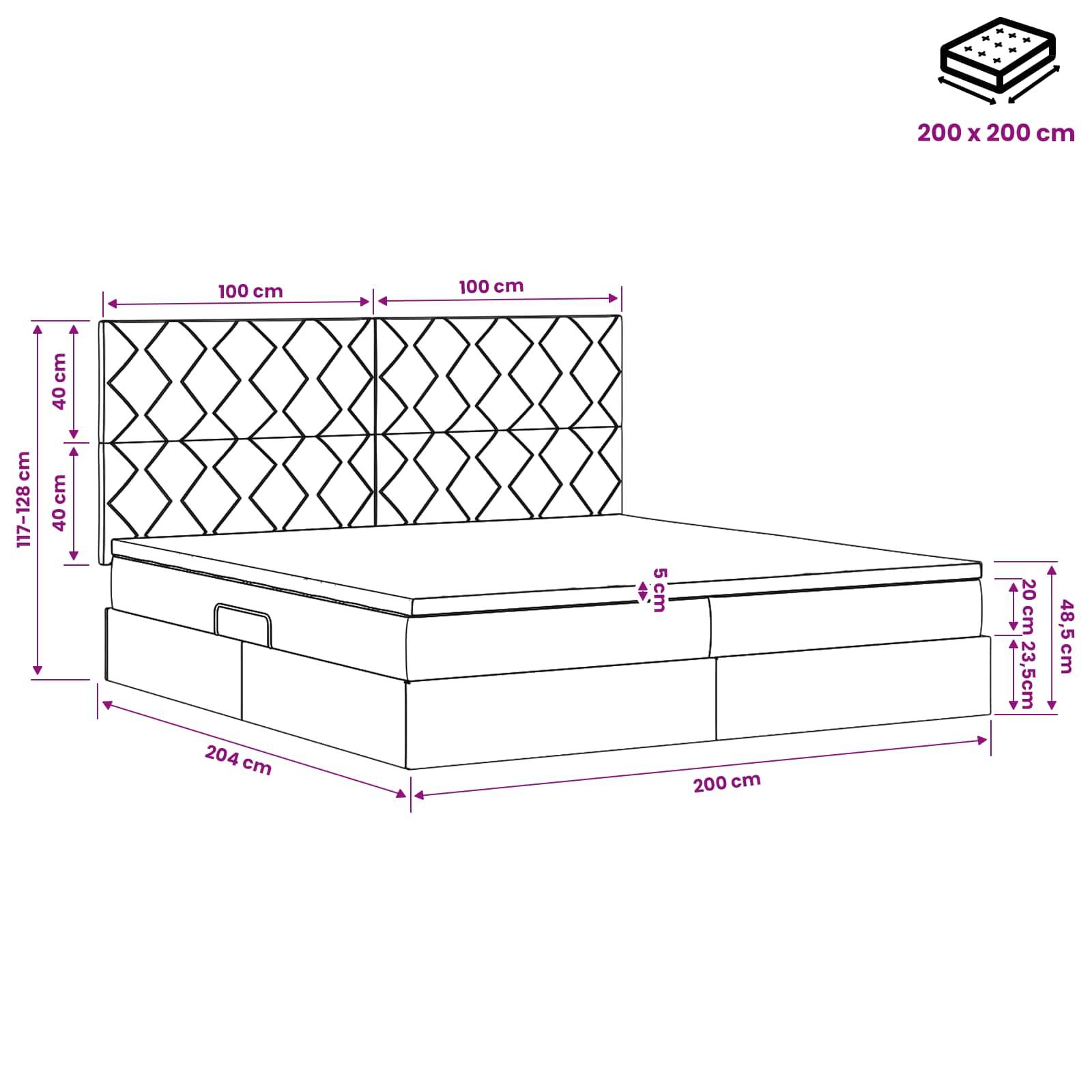 Diagramm eines Bettes mit einer 200 x 200 cm Matratze, 117-128 cm Kopfteil und Abmessungen der Speicherbasis in Zentimetern beschriftet.
