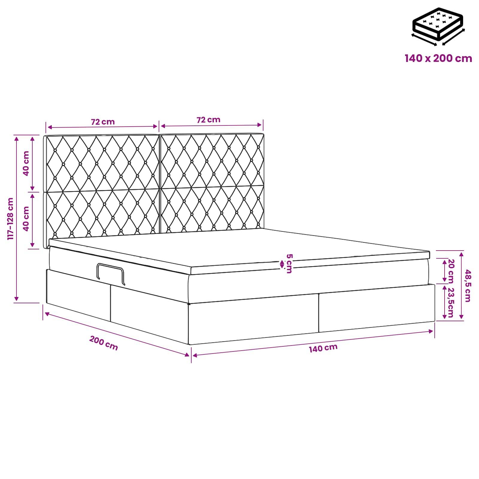 Maßstabgerechte Zeichnung eines Speicherbetts mit gestepptem Kopfteil; Matratzen­größe 140 x 200 cm, Bettrahmen 140 cm breit x 200 cm lang, Kopfteil 117–128 cm hoch.