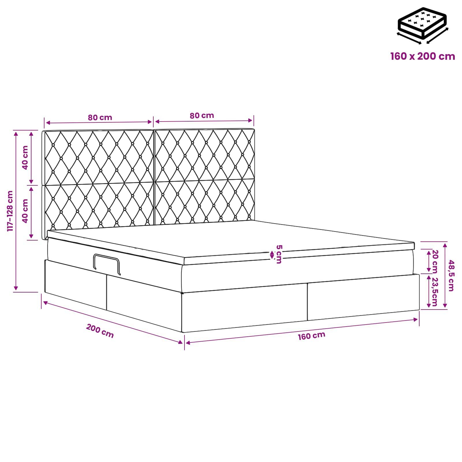 Abmessungsdiagramm eines gepolsterten Bettes mit gestepptem Kopfteil, das eine Matratzenbreite von 160 x 200 cm, eine Länge von 200 cm, eine Kopfteilhöhe von 117-128 cm und eine Bettenhöhe von 48,5 cm zeigt.