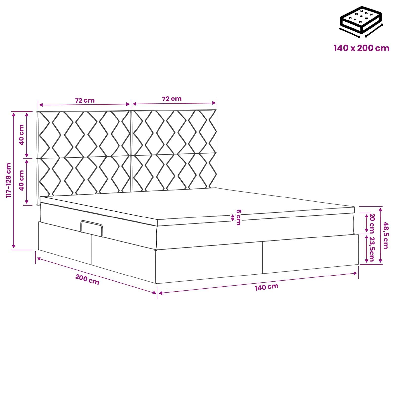 Bemaßtes Diagramm eines Doppelbetts mit gepolstertem Kopfteil im Rautenmuster, das die Matratzengröße von 140 x 200 cm und wichtige Maße in Zentimetern zeigt.