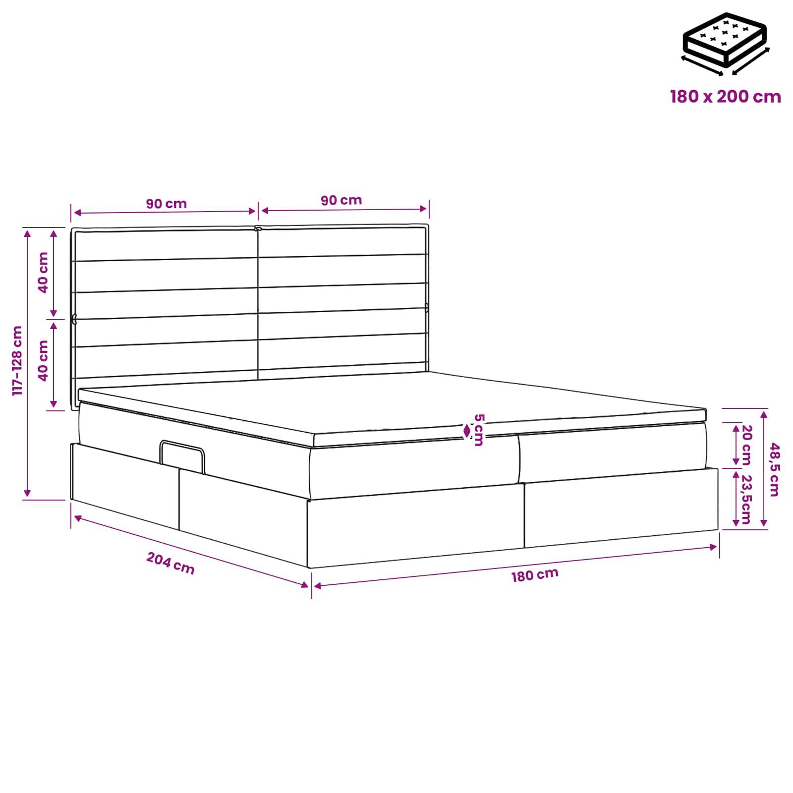 Diagramm eines Bettes mit Abmessungen: 180 x 200 cm Matratze, 204 cm Basisbreite, 180 cm Frontbreite und Kopfteilhöhe 117-128 cm.