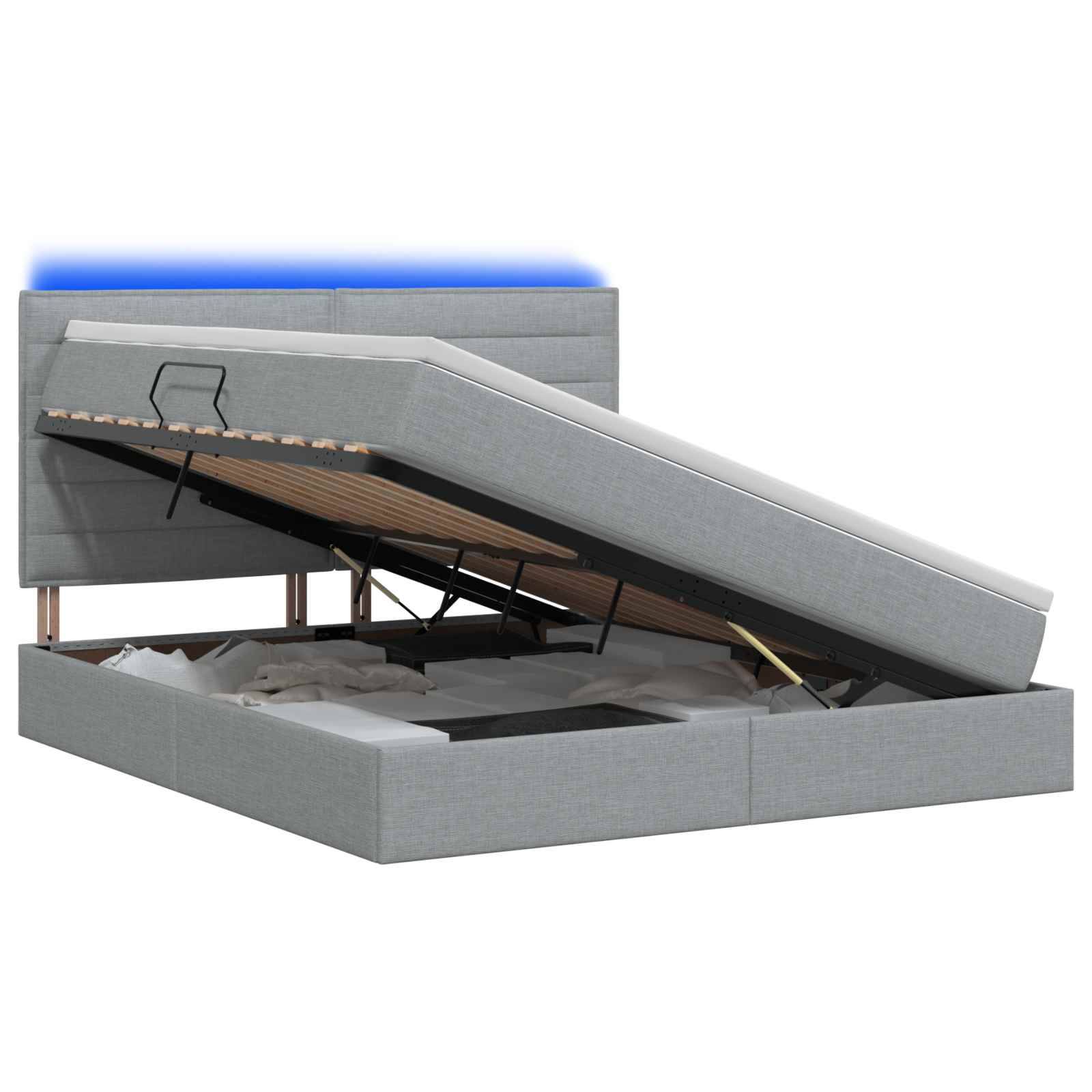 Graues gepolstertes Speicherbett mit angehobener Matratze auf hydraulischer Unterstützung, wobei der Stauraum unter dem Bett im Rahmen sichtbar ist.