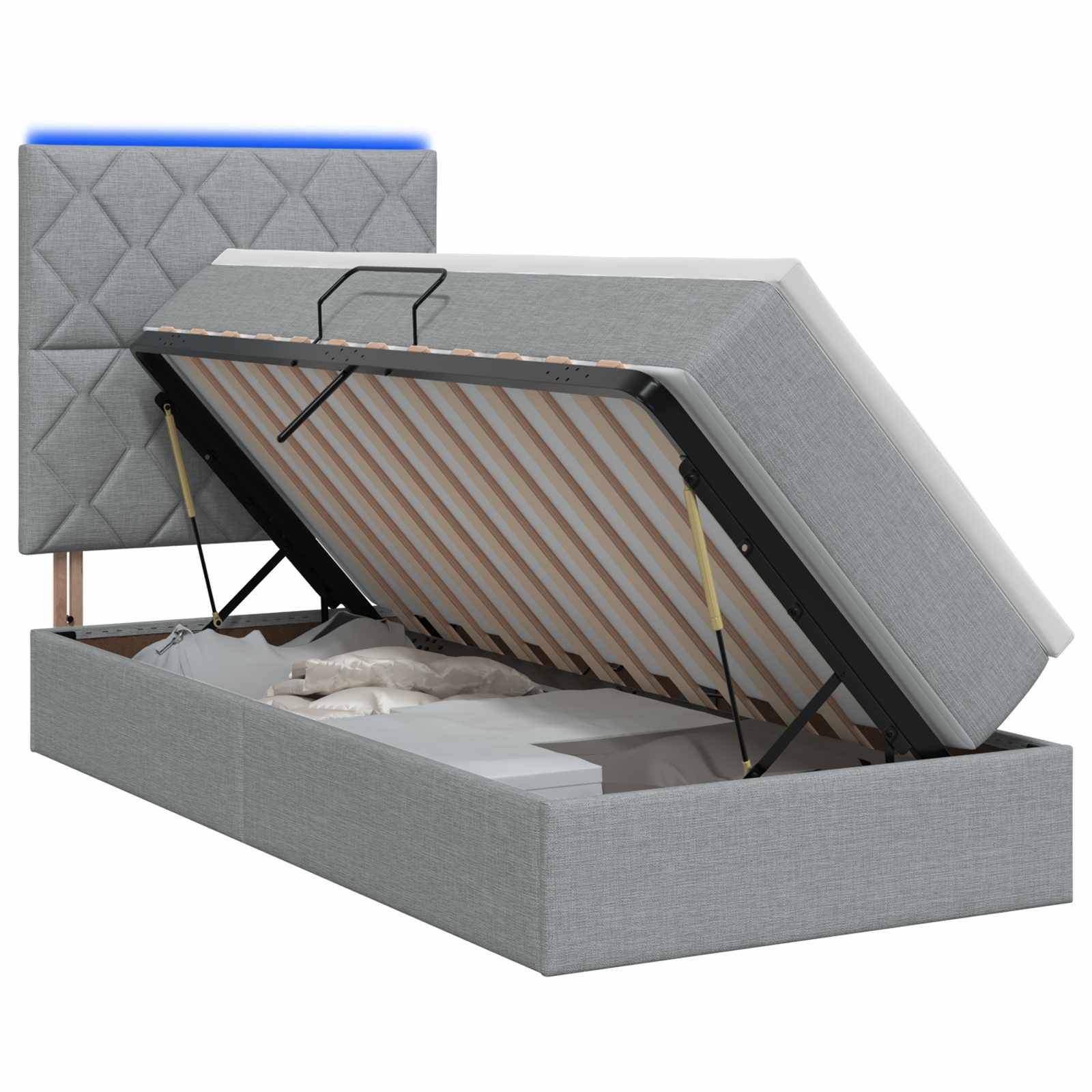 Grau gepolstertes Speicherbett mit erhöhter Matratzenplattform, das die Lamellenbasis und den Stauraum unter dem Bett zeigt.