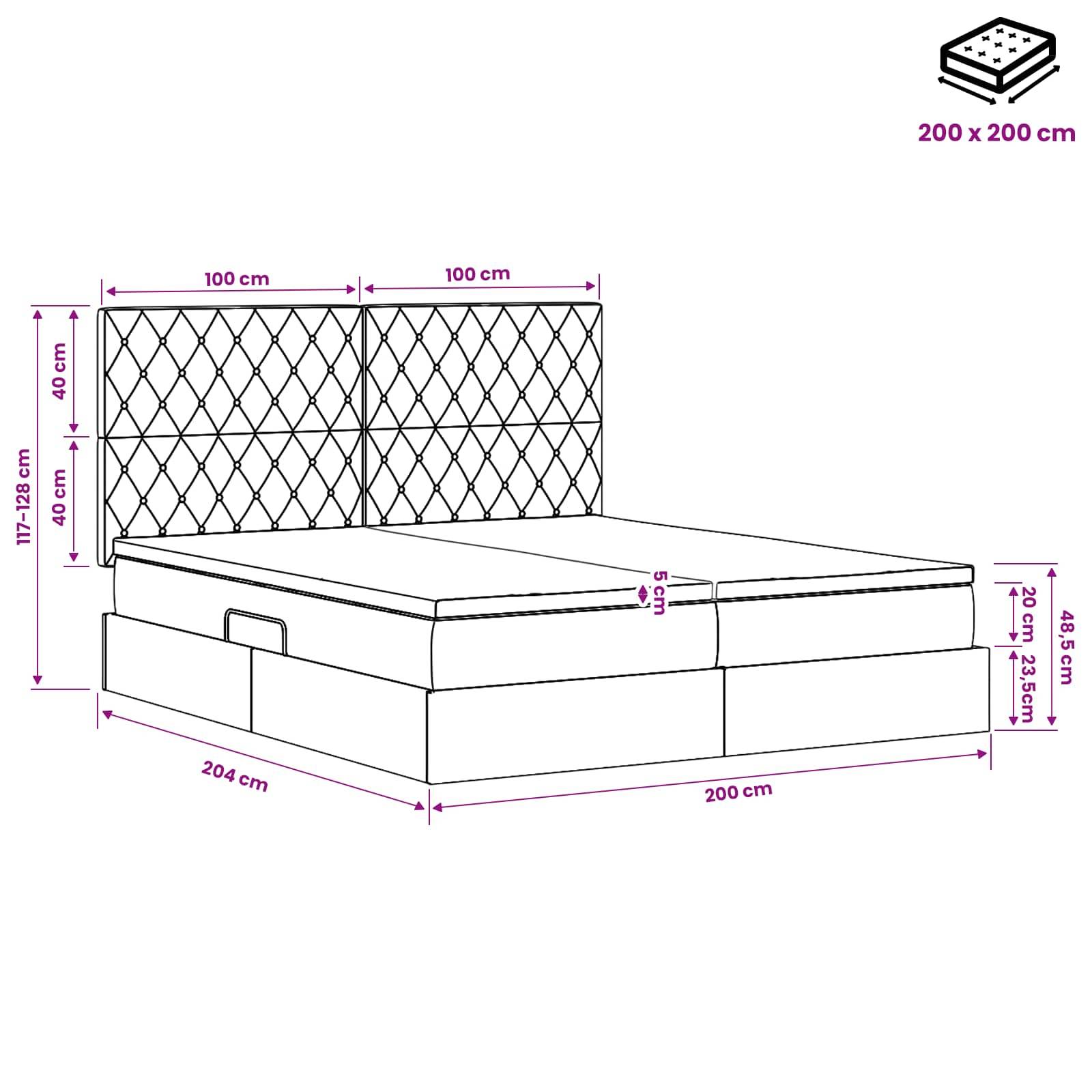 Maßstabgerechte Illustration eines gesteppten, gepolsterten Bettes mit 200 x 200 cm Liegefläche, Kopfteil und Stauraumbasis, mit Höhen- und Breitenmaßen.