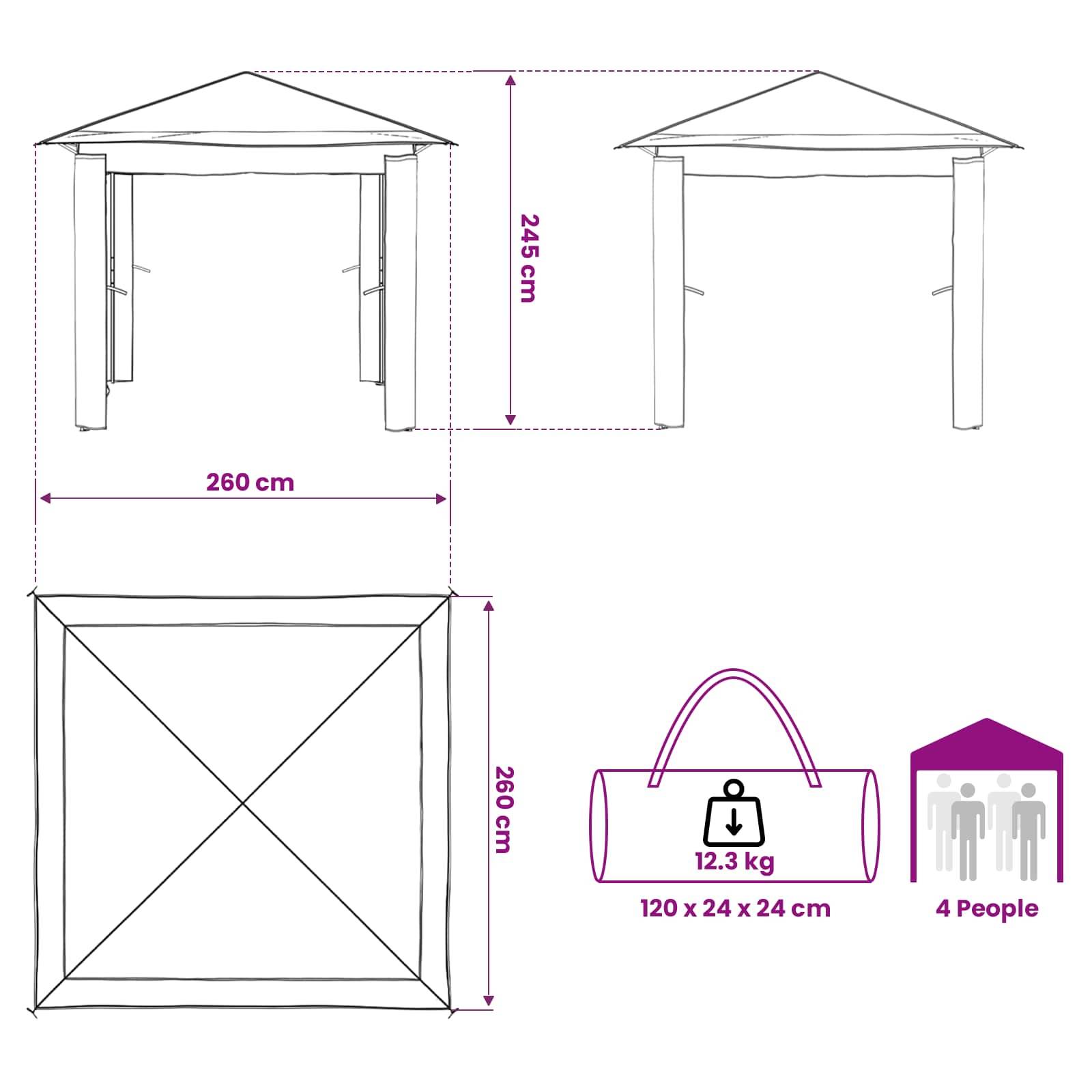 Technische Zeichnung einer Gartenlaube/eines Zelts mit einer Breite von 260 cm und einer Höhe von 245 cm, Packmaß 120 x 24 x 24 cm, Gewicht 12,3 kg, Platz für 4 Personen.