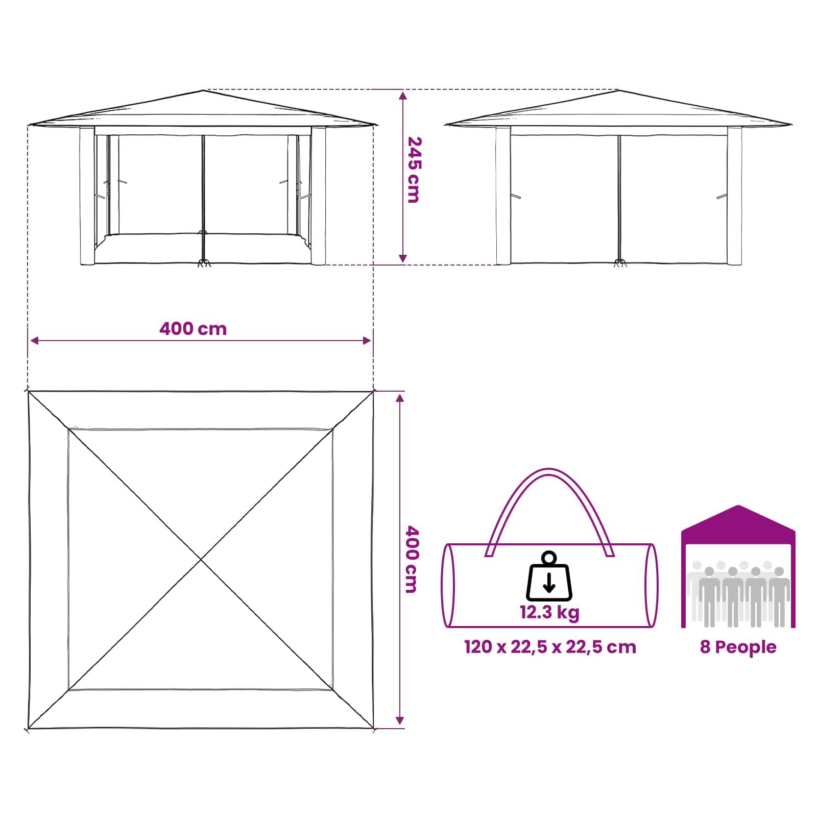 Diagramm eines quadratischen Pavillons von 400 cm, 245 cm hoch, mit einer 12,3 kg schweren Tragetasche in der Größe 120 x 22,5 x 22,5 cm und Kapazität für 8 Personen.