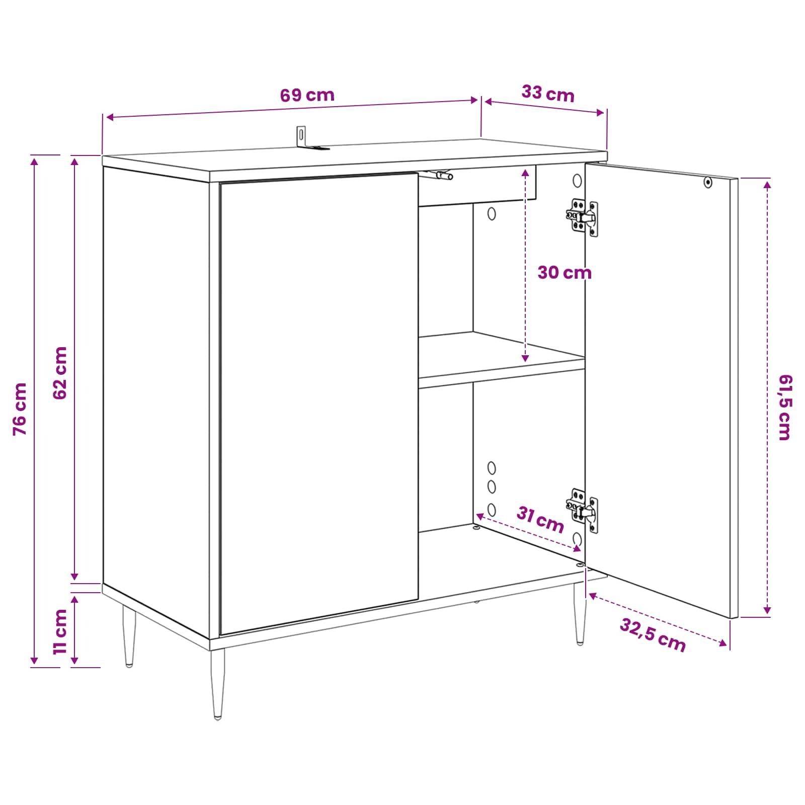 vidaXL Sideboard RHENEN Schwarz Eichen-Optik 69 x 33 x 76 cm