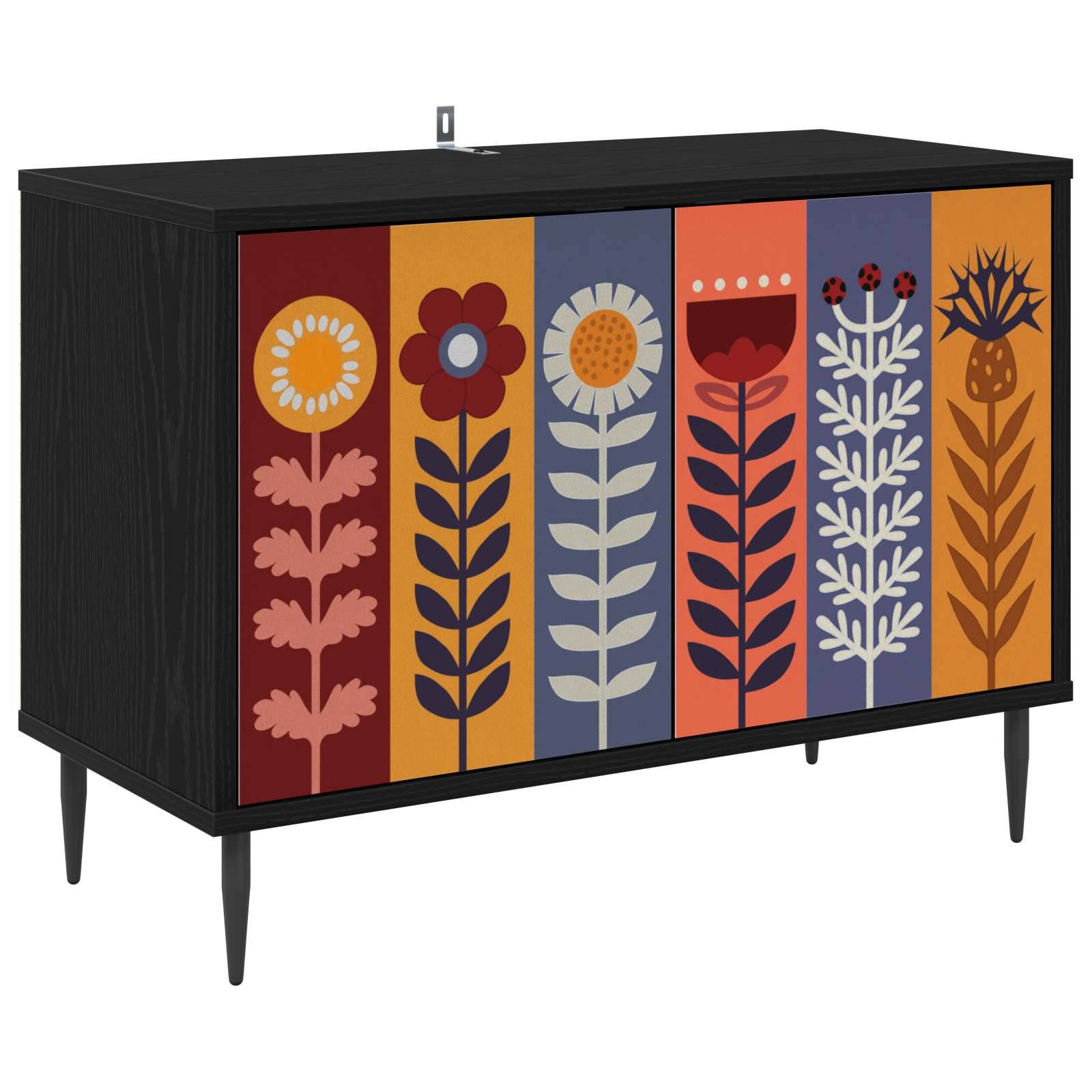 Schrank im Stil der Mitte des Jahrhunderts mit schwarzem Rahmen und Beinen, mit sechs bunten Blumenpanelen an der Vorderseite.