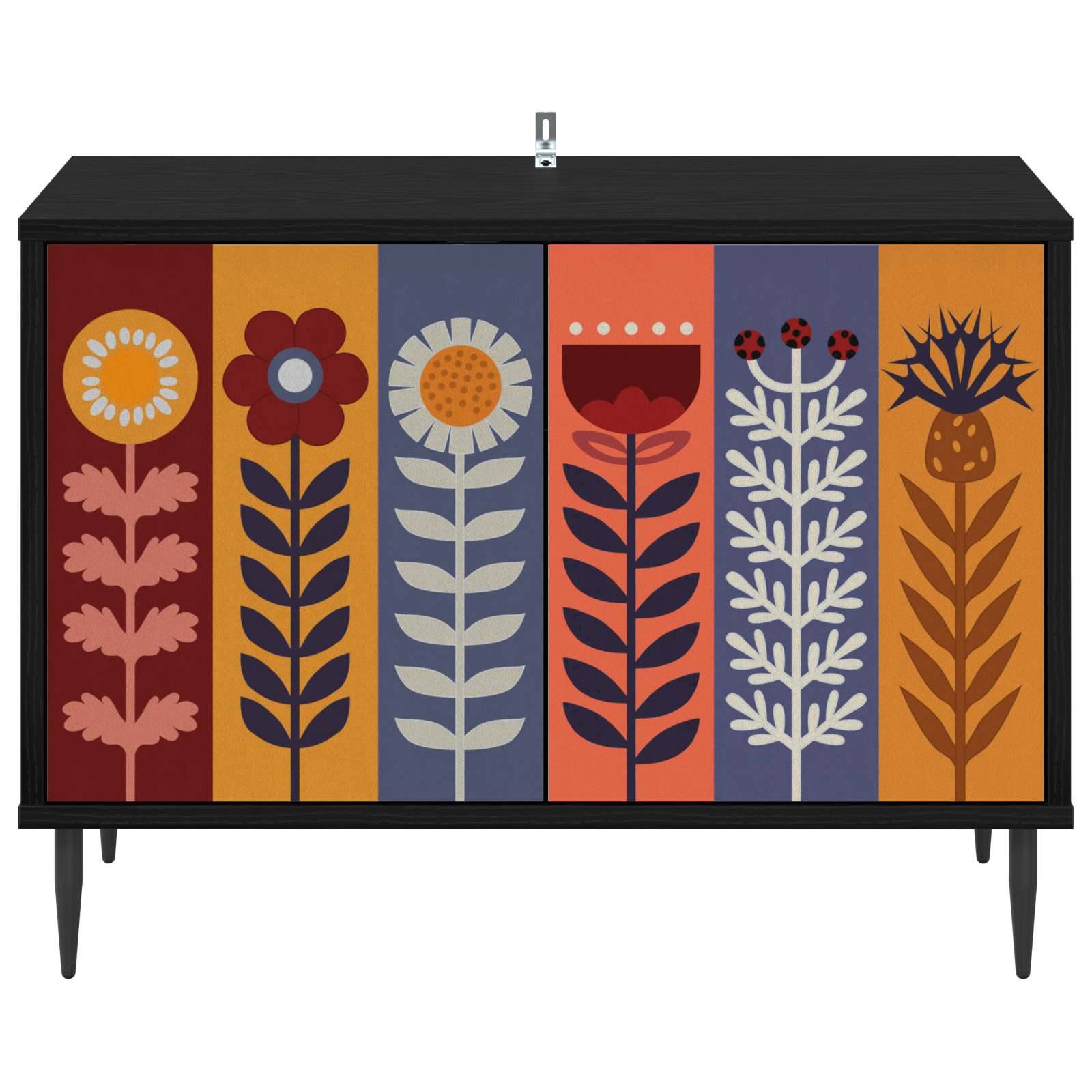 Farbenfroher Schrank aus der Mitte des 20. Jahrhunderts mit sechs floralen Paneelen in Rot, Orange, Blau und Lila, gezeigt auf schwarzen Beinen.