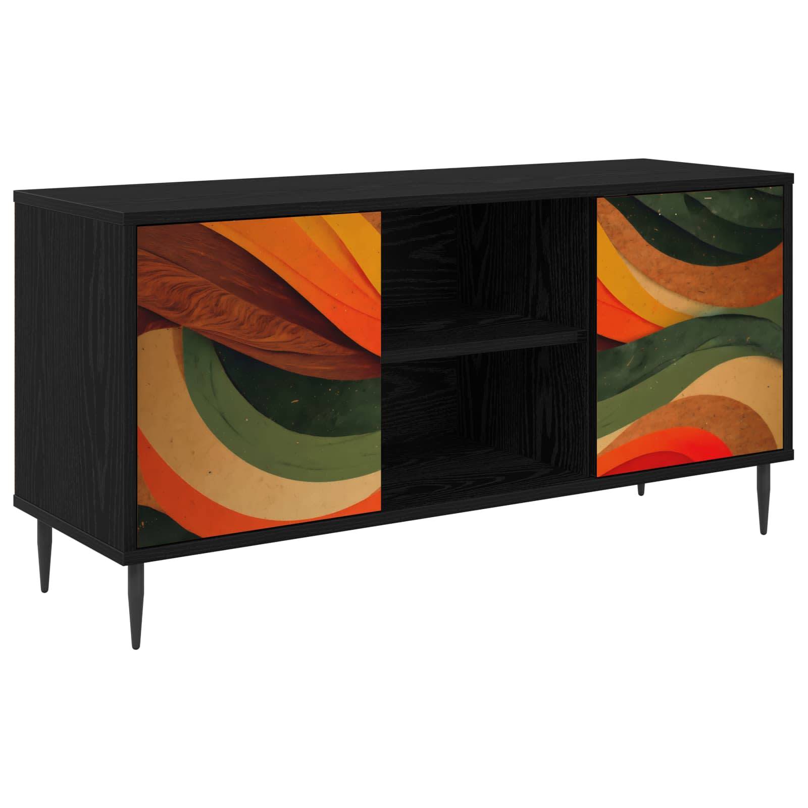 Schwarzer Sideboard-Schrank mit farbenfrohen abstrakten Wellenmuster-Türen und offenen mittleren Regalen auf konischen Beinen.