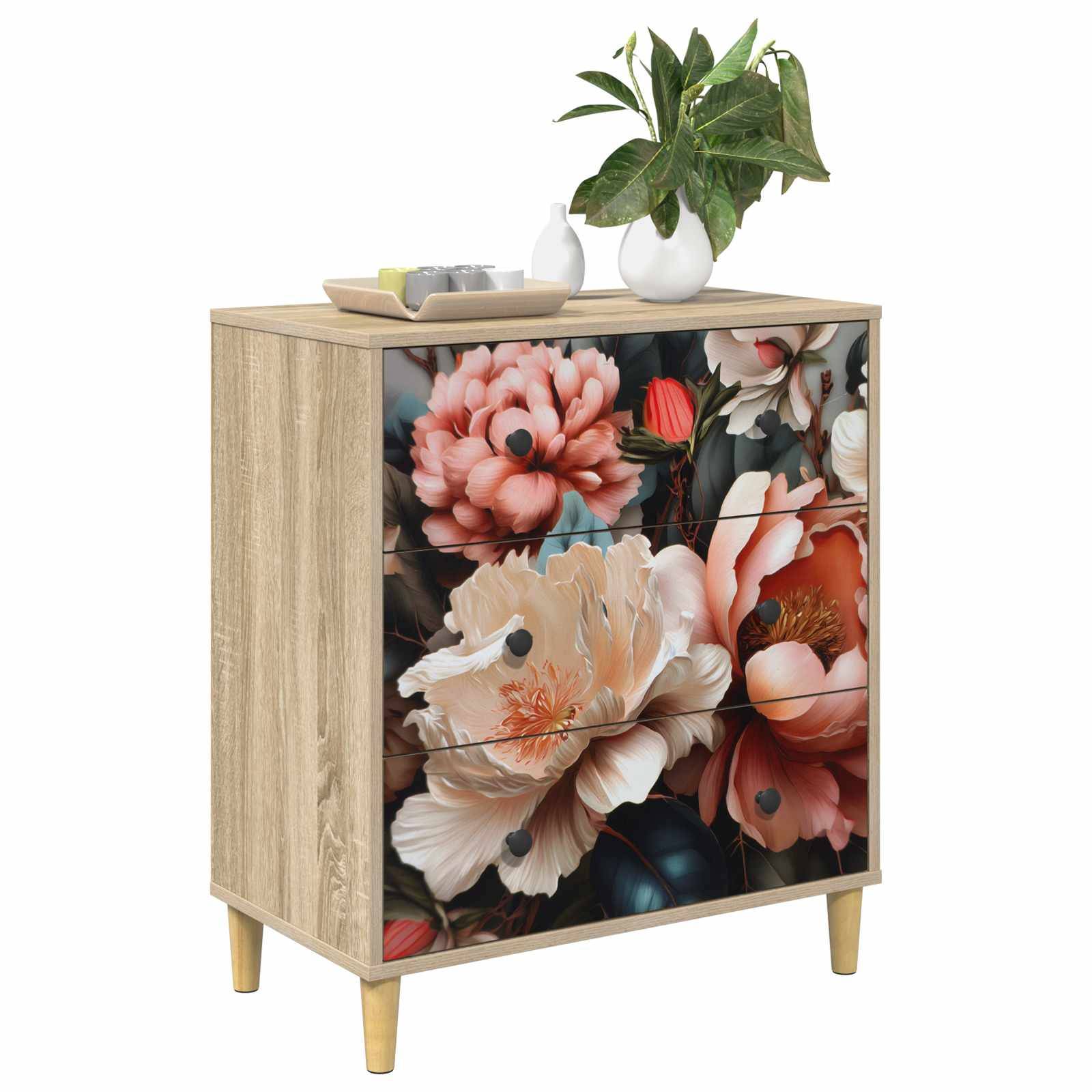 vidaXL Kommode BORNE Licht Pfingstrose Druck 66 x 36,5 x 75 cm Sonoma