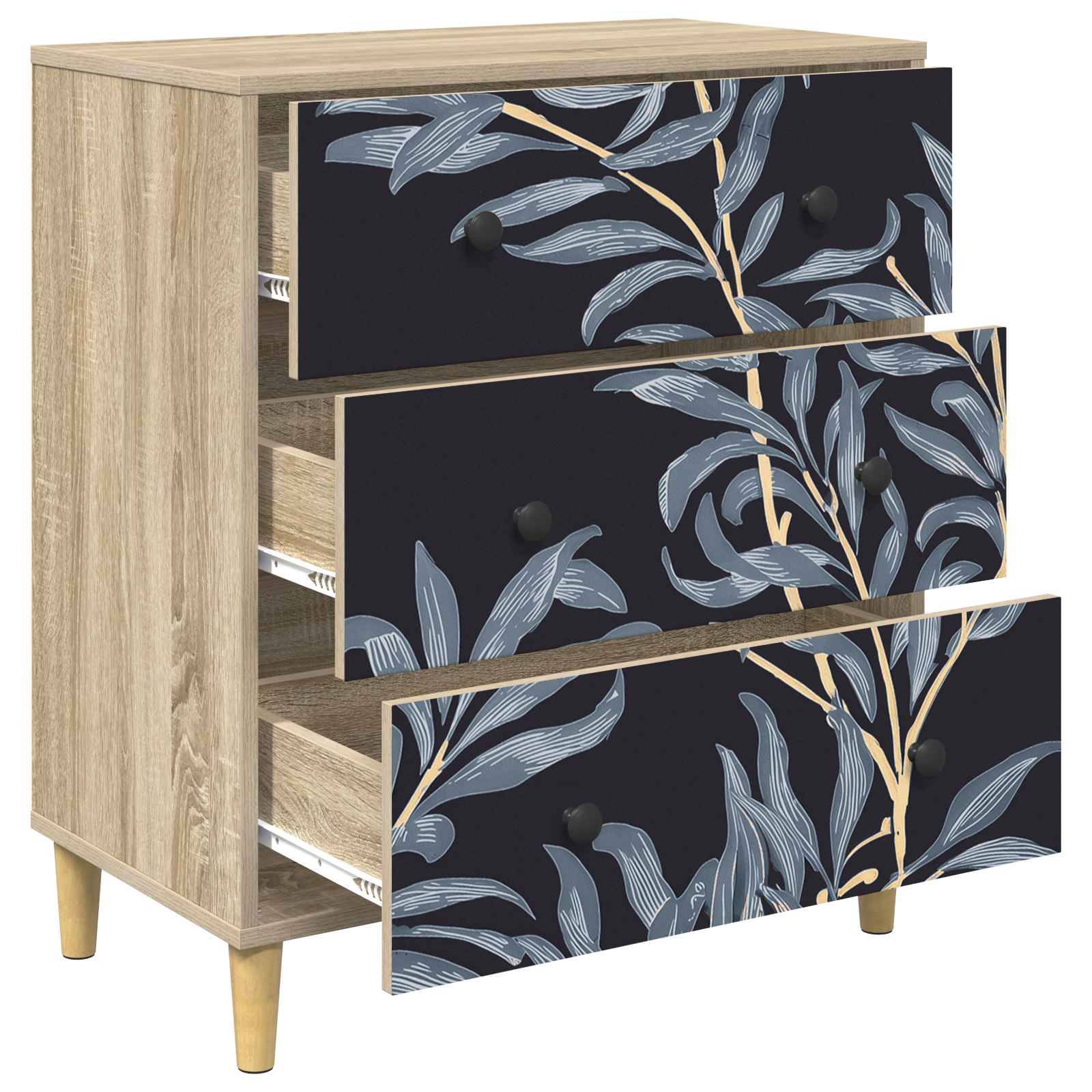 vidaXL Kommode DOKKUM Blaues Farnmuster 66 x 36,5 x 75 cm Sonoma