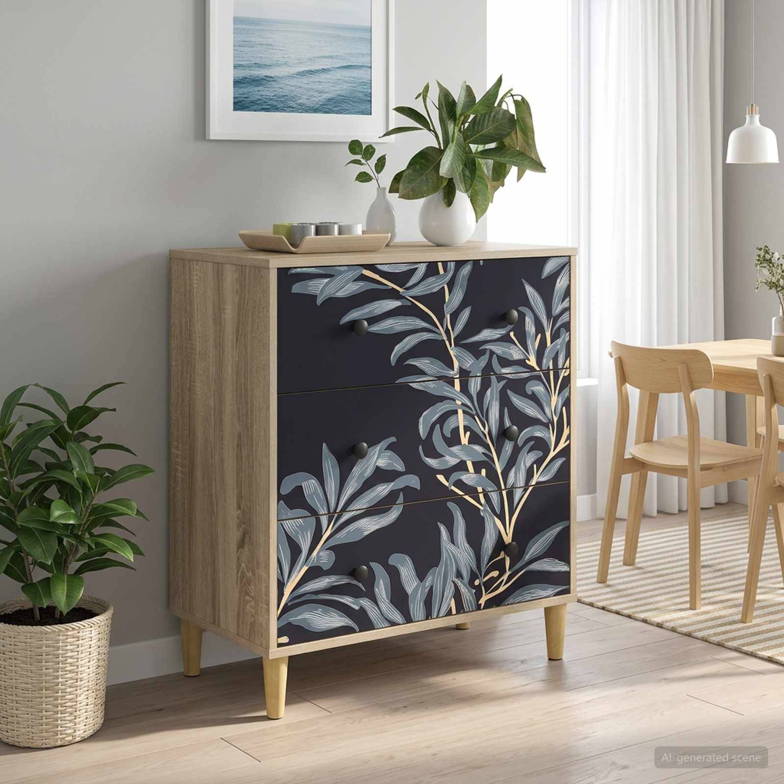 vidaXL Kommode DOKKUM Blaues Farnmuster 66 x 36,5 x 75 cm Sonoma