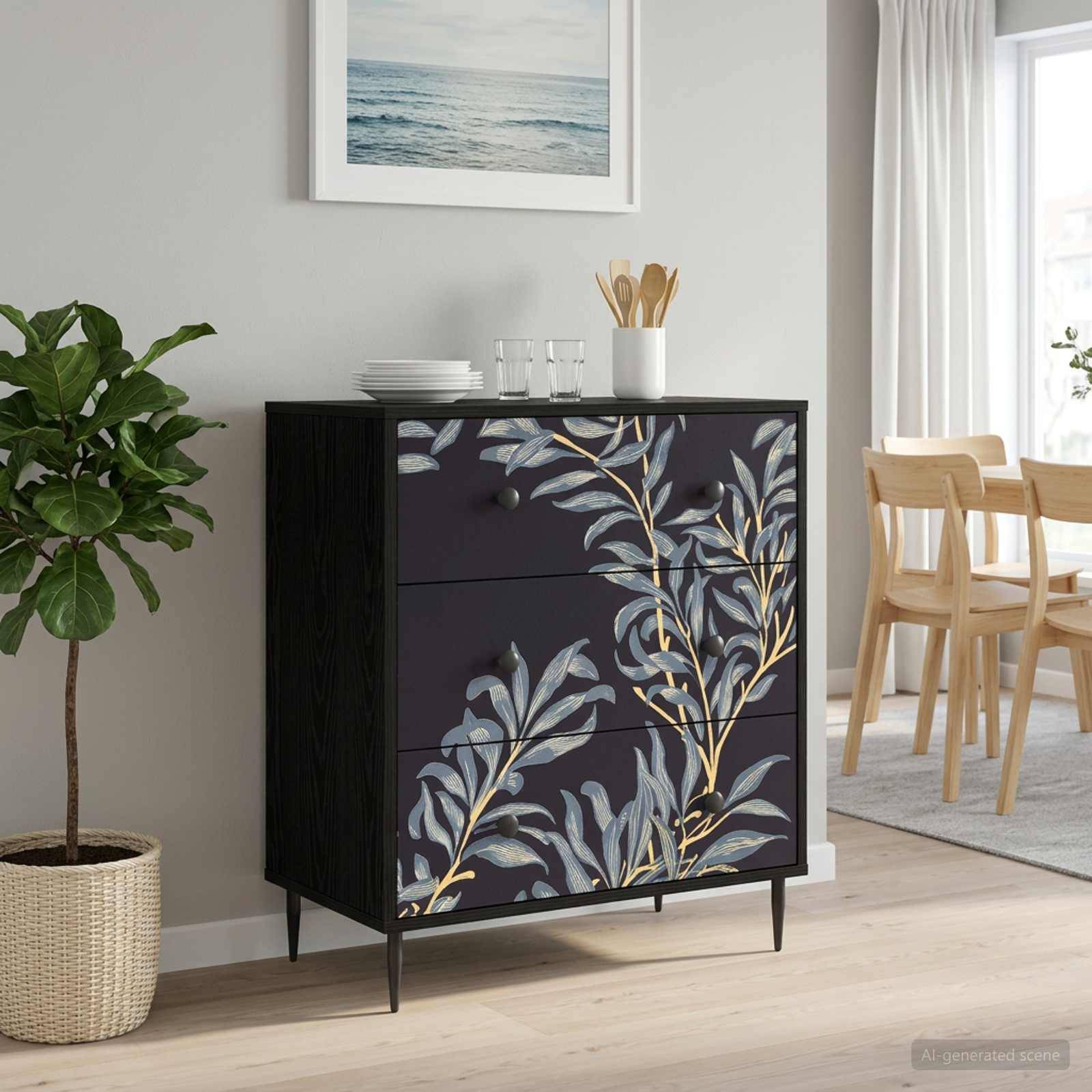 vidaXL Kommode DOKKUM Blaues Farnmuster 66 x 36,5 x 76 cm