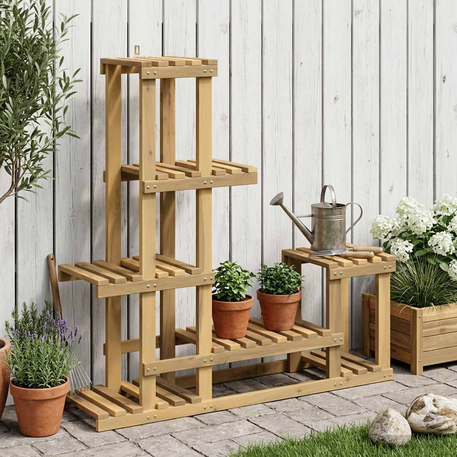 Holzständer mit Stufen für Pflanzen mit Topfkräutern und Blumen, plus eine Gießkanne, auf einer Terrasse vor einem weißen Zaun angeordnet.