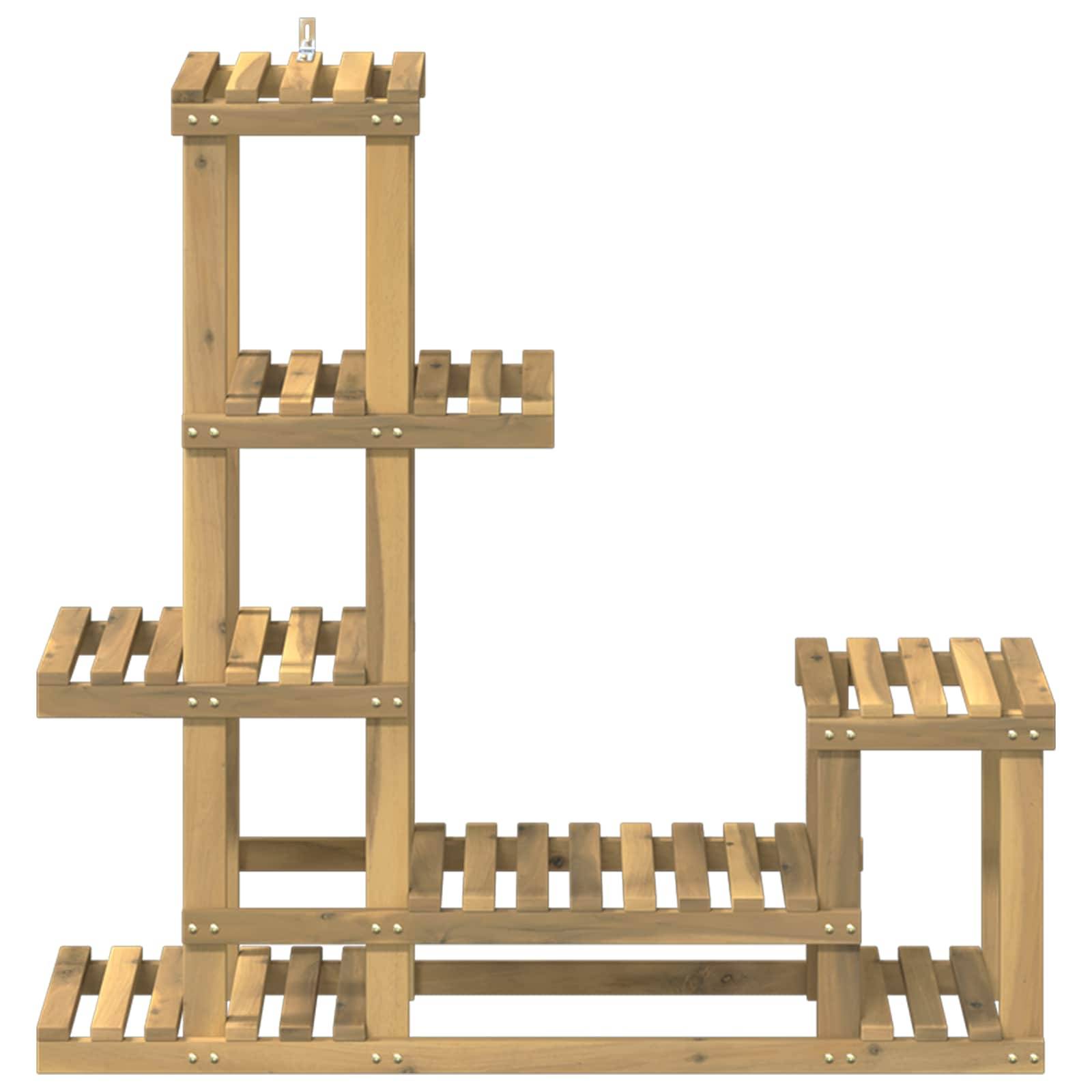 Modulare Holzregalanlage mit vier offenen Fächern, angeordnet in asymmetrischem Stufendesign.