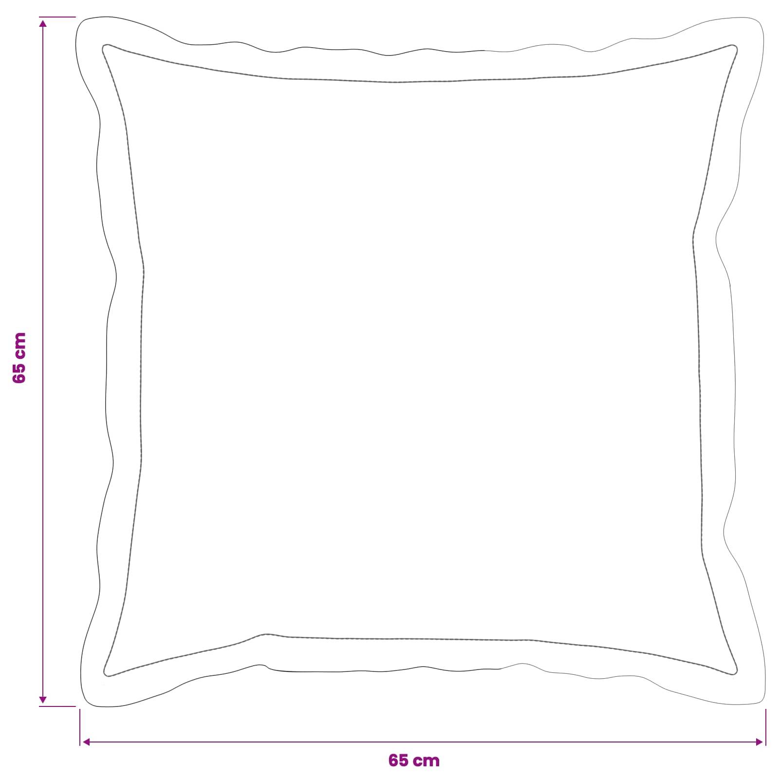 Diagramm einer quadratischen Kissenkontour mit welligen Kanten, beschriftet mit 65 cm Höhe und 65 cm Breite.