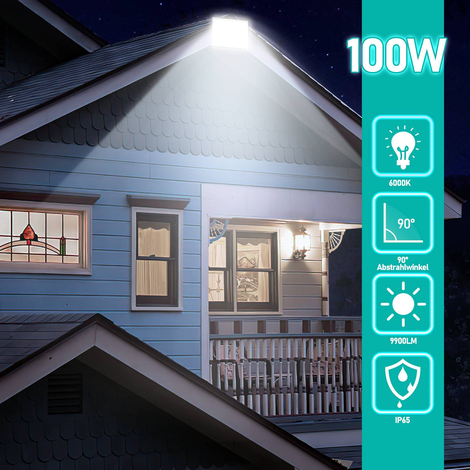 Beleuchtetes Haus Außenbereich nachts mit einem hellen 100W LED-Flutlicht, das vom Dach scheint; Seitenpanel listet 6000K, 90° Winkel, 9900LM, IP65 auf.