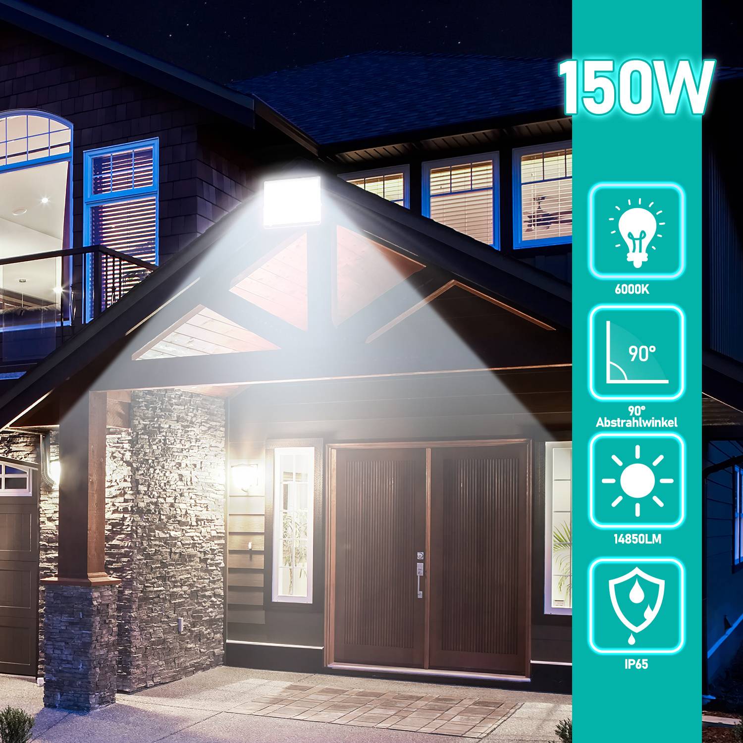 Außenansicht eines Hauses bei Nacht, beleuchtet durch einen hellen 150-W-Strahler; das Seitenpanel zeigt 6000K, Abstrahlwinkel 90°, 14850 lm und IP65-Schutzart.