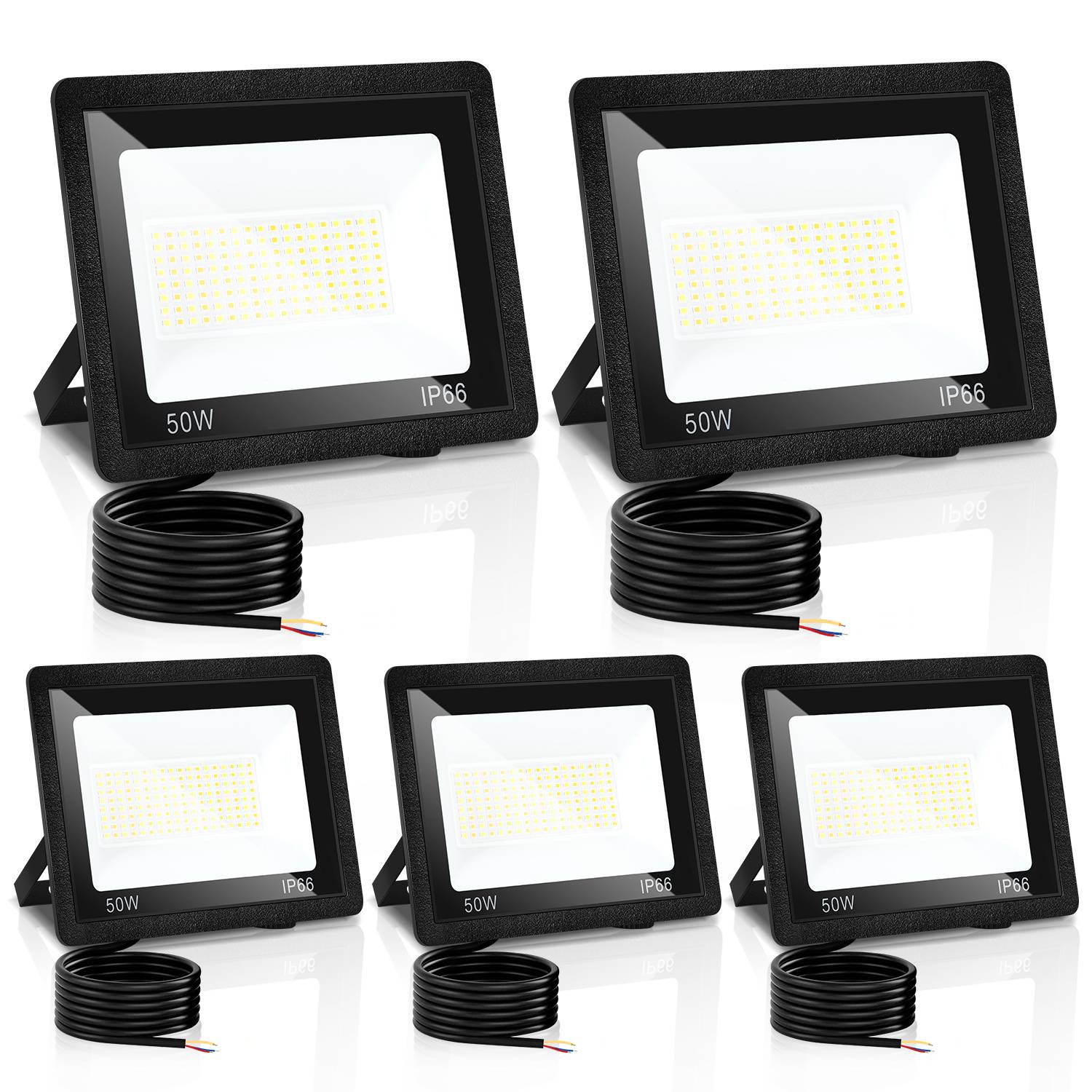 Fünf schwarze LED-Flutlichter mit der Bezeichnung 50W und IP66, jeweils mit aufgewickeltem Stromkabel, als Produktset auf weißem Hintergrund dargestellt.