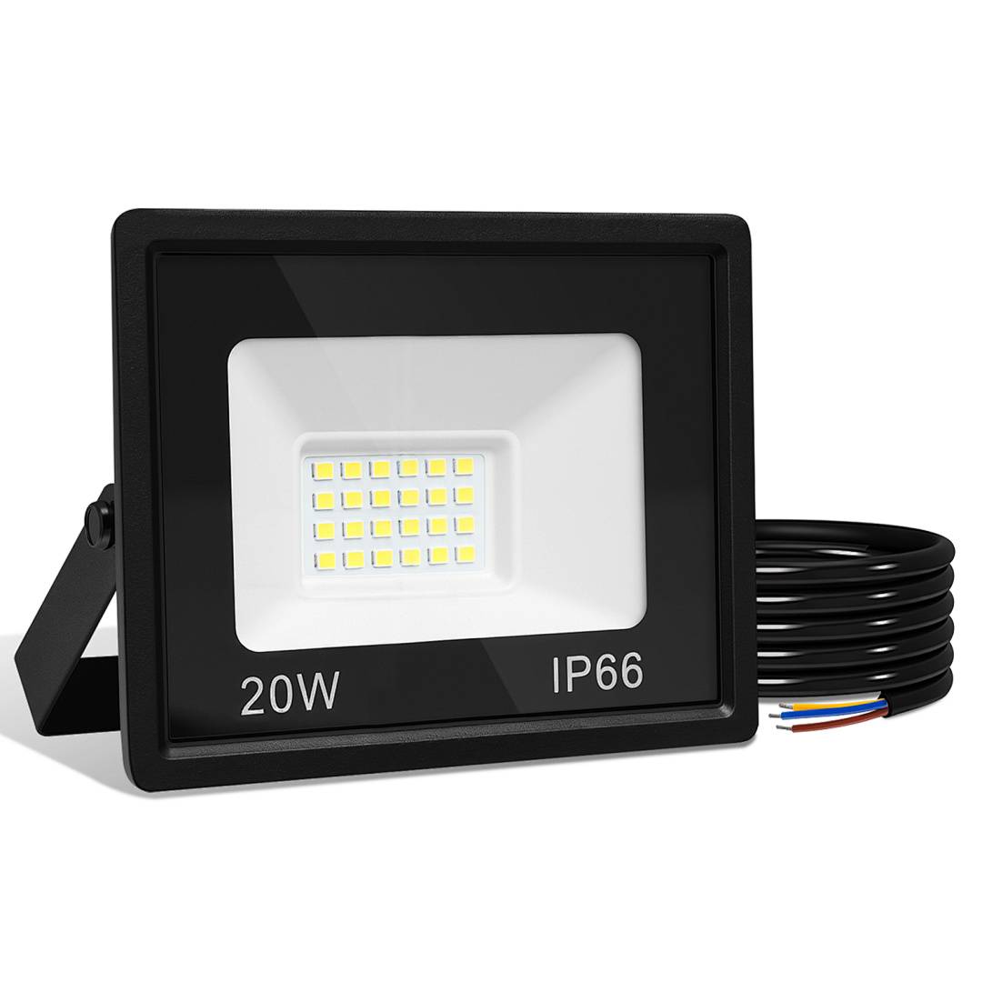 LED Strahler Außen 20W, IP66 LED Fluter 120°, Kaltweiß 6000K, 1m Kabel ohne Stecker, 2er Set