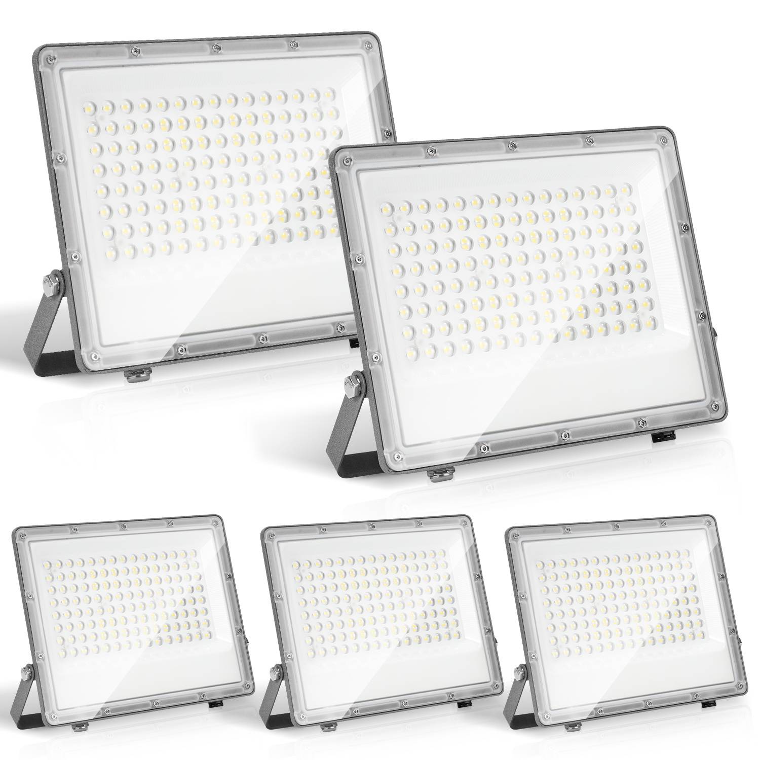 Fünf rechteckige LED-Flutlichter mit verstellbaren Ständern, in zwei Größen auf weißem Hintergrund dargestellt.