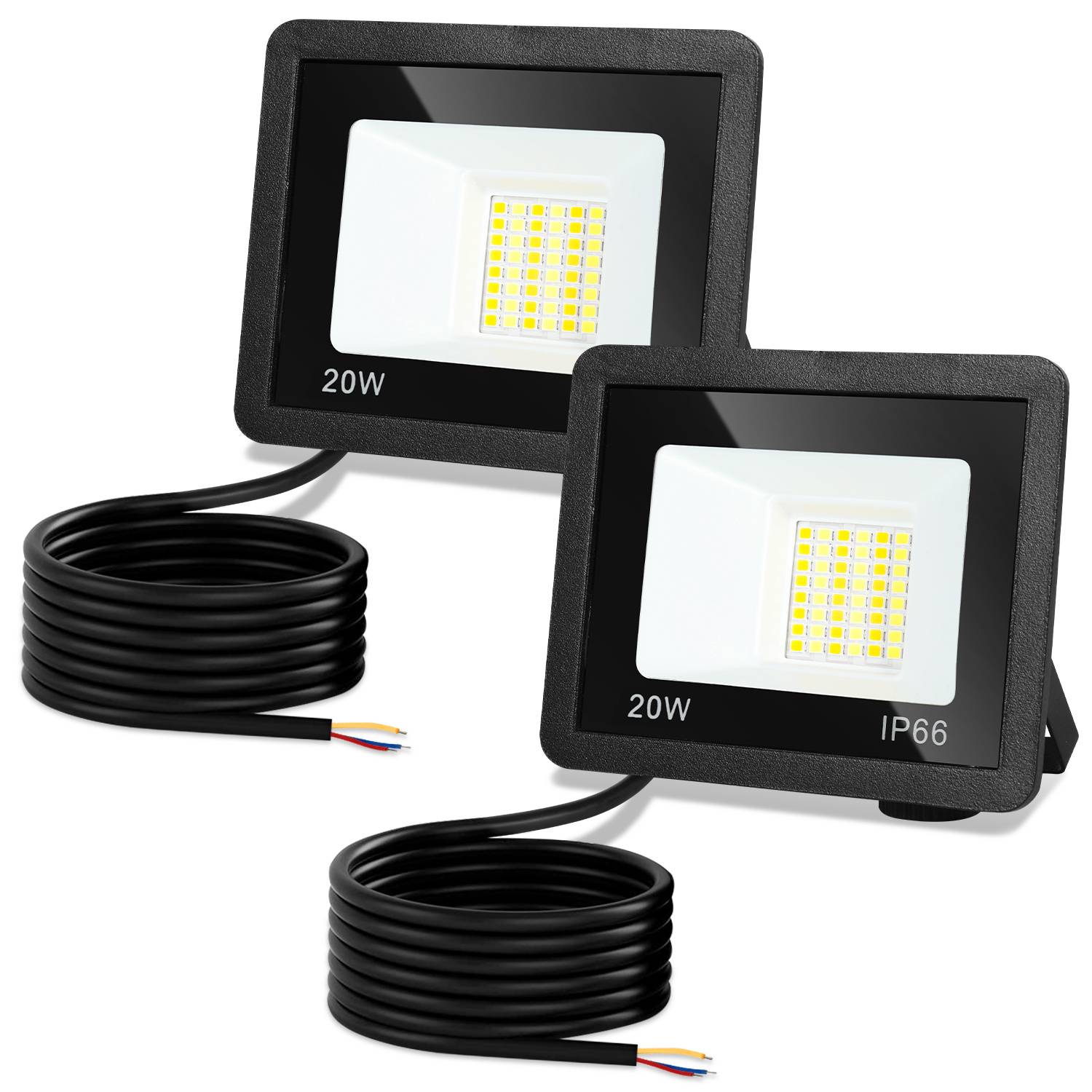 Zwei schwarze 20W-LED-Flutlichter mit angebrachten Spiralstromkabeln, eines mit der Kennzeichnung „IP66