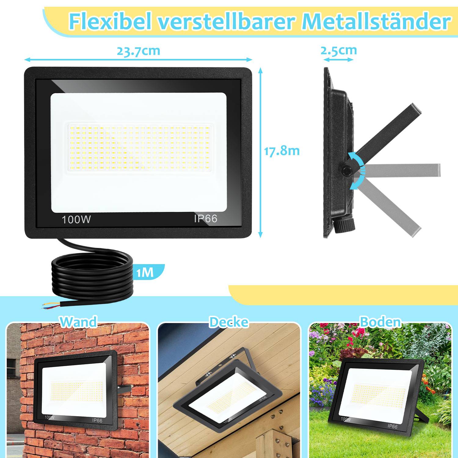LED Strahler Außen 100W, IP66 LED Fluter mit 3 Farbtemperaturen, 3000K/4000K/6500K, 2er Set
