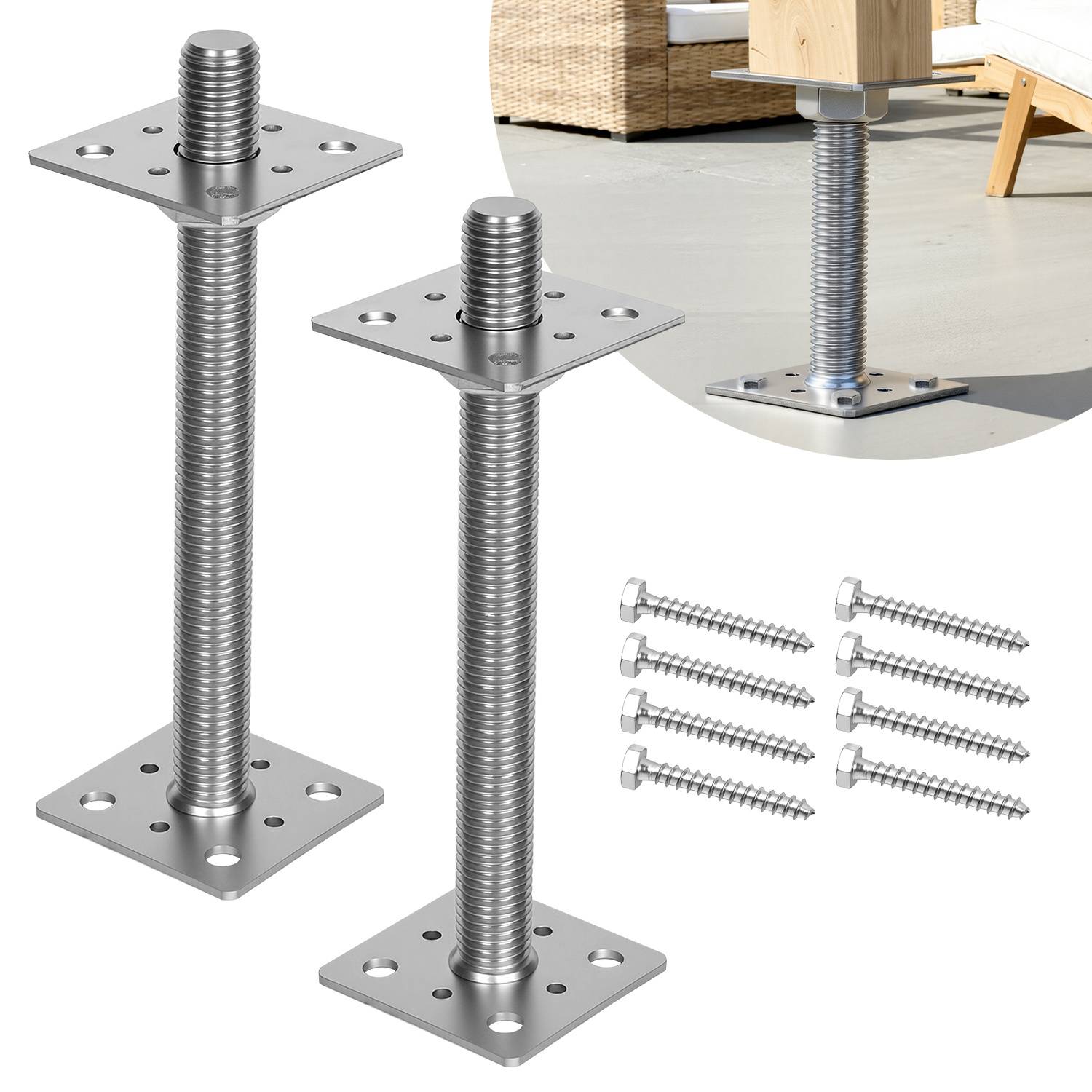 Zwei verstellbare Metallstützpfosten mit quadratischen Befestigungsplatten und Bolzen, dargestellt mit einer Detailaufnahme eines unter Möbeln auf einem Boden montierten Exemplars.