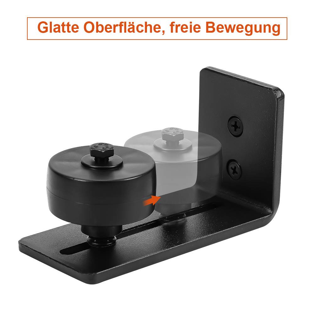 Schwarze Metallgleitrollerbracket mit hervorgehobener glatter Oberfläche und freier Bewegung, dargestellt mit einem orangen Pfeil, der die Bewegung anzeigt.