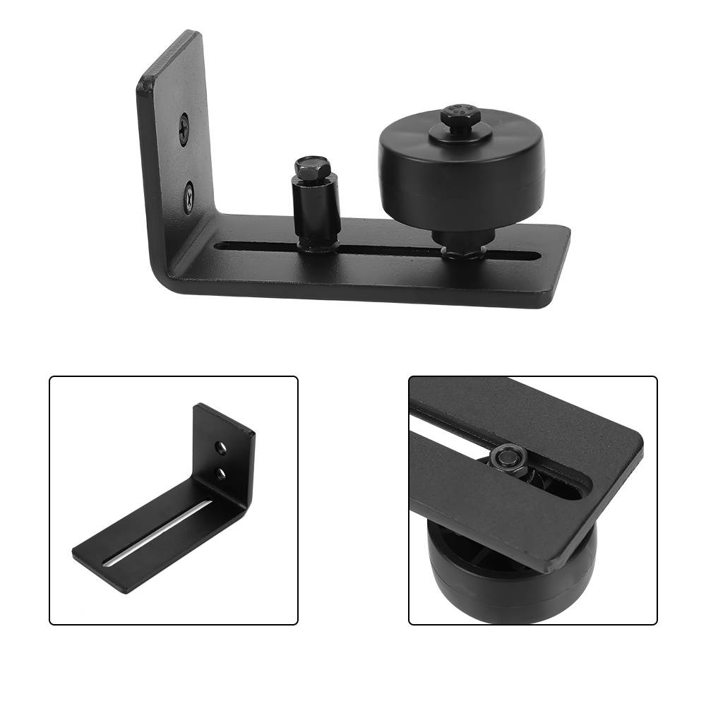 Schwarze Metall-L-förmige Schiebegleit-Führungsrollenbracket mit verstellbarem Rad und Nahaufnahmedetail in eingefügten Bildern.