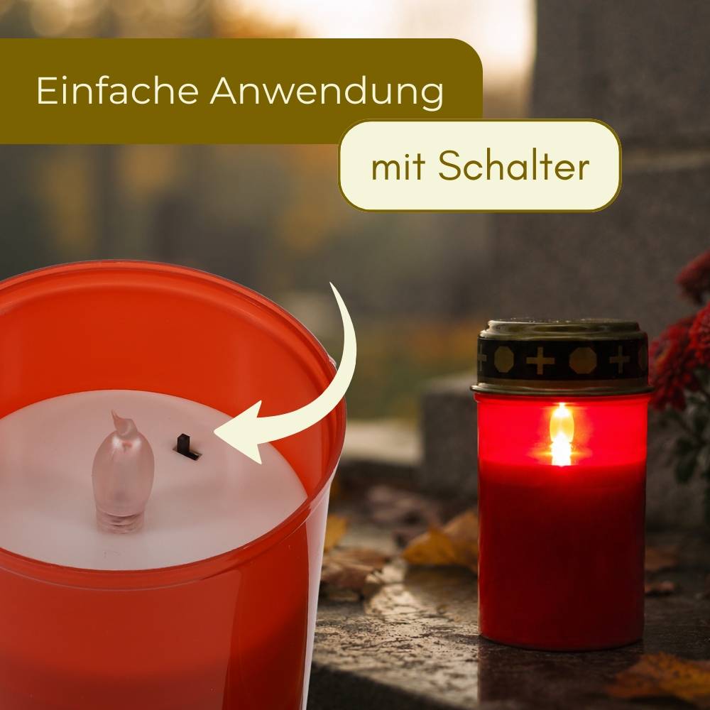 6er Grablichter LED Batteriebetrieben Set Grabkerzen für draußen Grablampen Grabkerzen LED Kerze Gedenklichter lange Leuchtdauer Grableuchten mit Fl