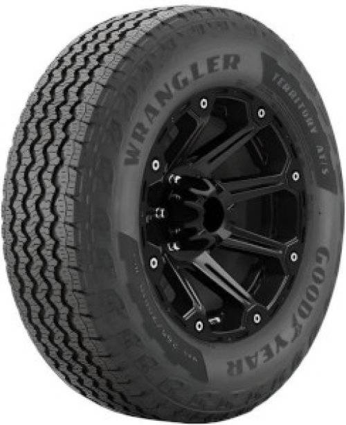Schwarzer Goodyear Wrangler Geländereifen mit robustem Profil und schwarzer Mehrfachspeichen-Felge auf weißem Hintergrund.