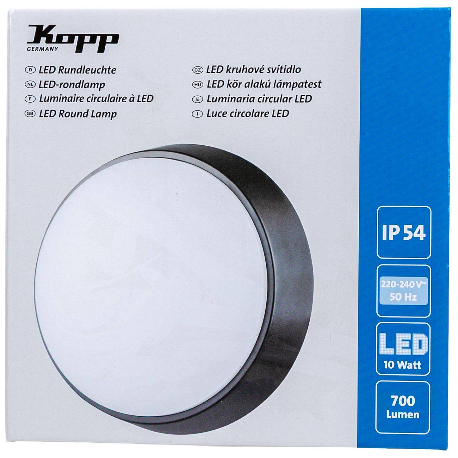 Kopp LED-Rundleuchte Verpackung mit einer kreisförmigen Deckenleuchte mit IP54-Schutzart, 220-240V 50 Hz, 10 Watt und 700 Lumen.