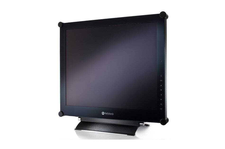 Schwarzer Necovo LCD-Monitor mit leerem Bildschirm auf einem Ständer vor weißem Hintergrund.