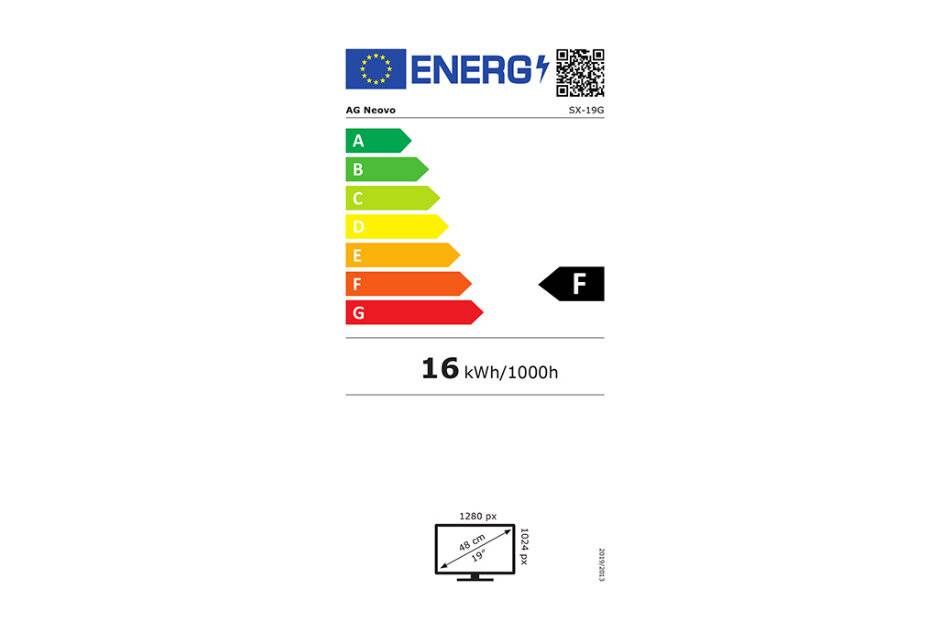Energielabel für einen Fernseher: Energieeffizienzklasse F, 16 kWh/1000h, mit A-G-Farbskala und 1280 px Bildschirmgröße-Symbol.