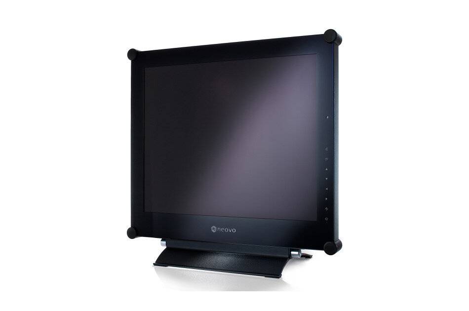 Schwarzer Touchscreen-Monitor mit abgerundeten Eckenschutzpuffern auf einem Standfuß, vor weißem Hintergrund gezeigt.