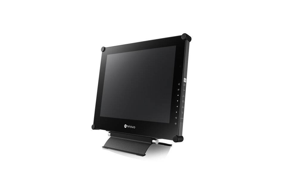 Schwarzer Lenovo-Touchscreen-Monitor in einem Hochformat-Rahmen mit einem kleinen verstellbaren Ständer auf weißem Hintergrund.