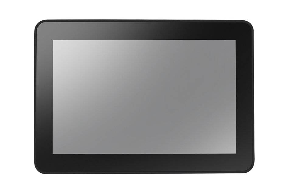 Schwarzer Tablet-Computer mit leerem grauem Bildschirm vor weißem Hintergrund angezeigt.