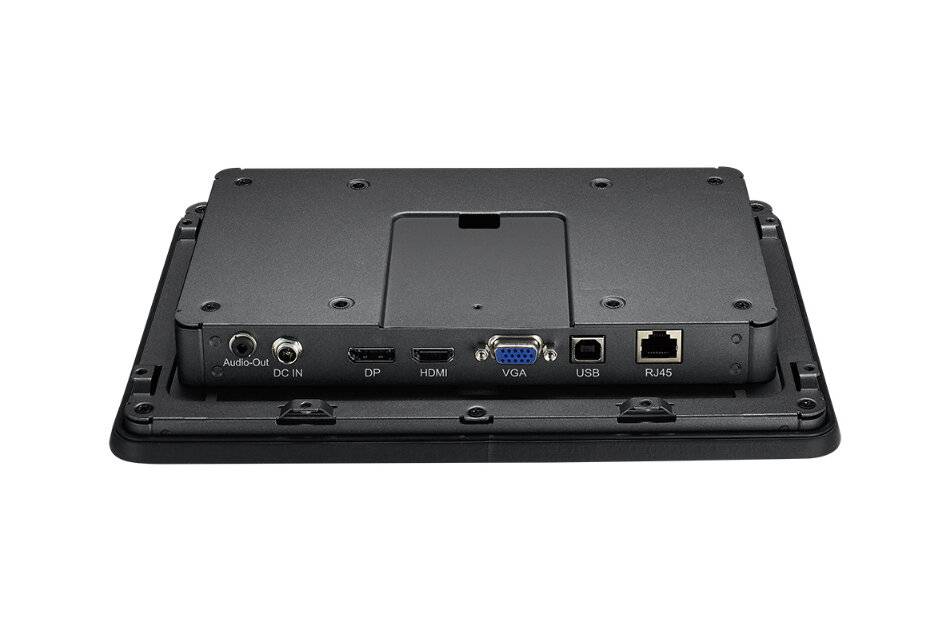 Rückansicht einer wandmontierten Display-Kontrollbox mit beschrifteten Anschlüssen: Audio-Out, DC in, DP, HDMI, VGA, USB und RJ45.