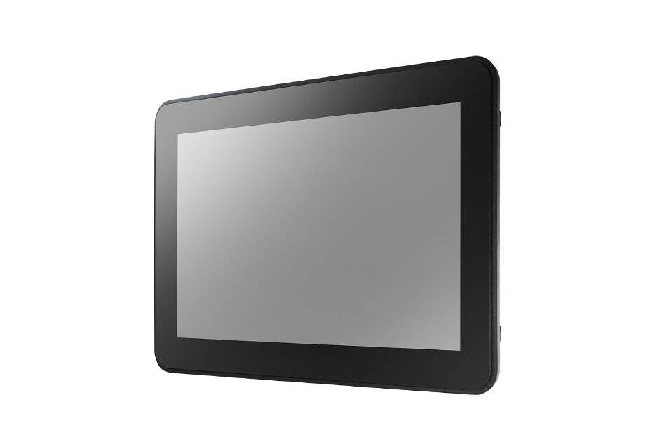 Schwarzer Tablet-Computer in einem Winkel dargestellt mit leerem grauem Bildschirm auf weißem Hintergrund.